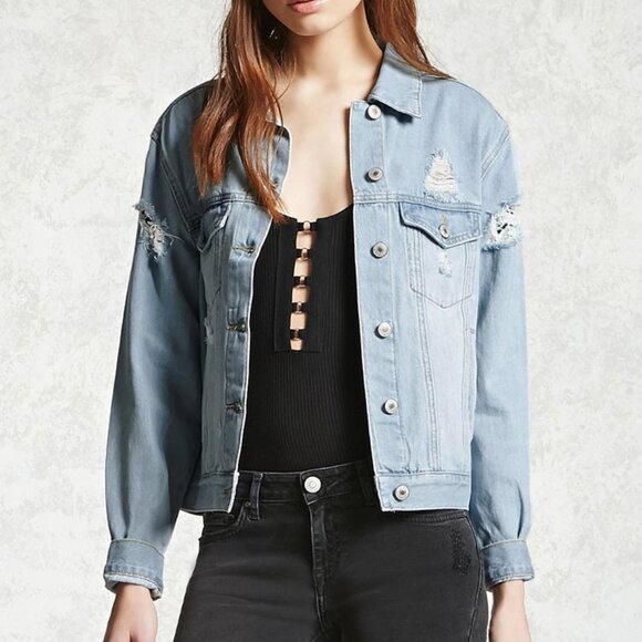 FOREVER 21 Distressed "Girl Squad" Los Angeles Denim Jacket M Light Wash Trucker - Picture 3 of 11